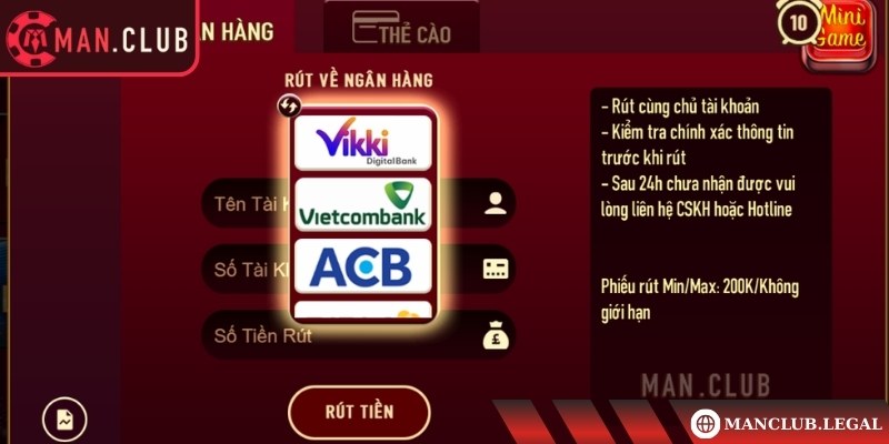 Các bước rút tiền tại Manclub